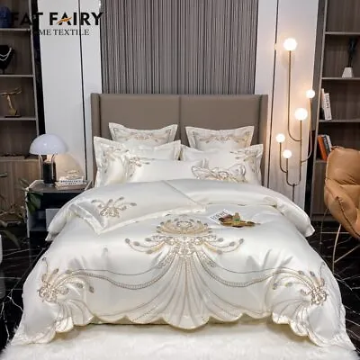 Luxury Gold Feather Embroidery Egyptian Cotton Duvet Cover Bed Sheet Bedding Set • $181.01