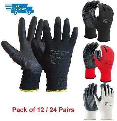24 Pairs Pu Coated Safety Work Gloves Glove Garden Grip Mens Builders Gardening • £13.99