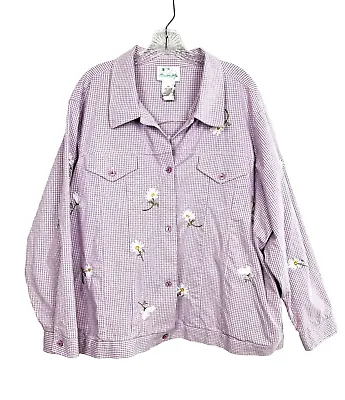 Quaker Factory Women's 2X Purple Gingham Button Front Jacket Embroidered Daisies • $39.47