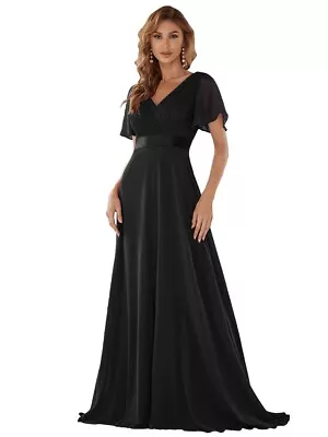 Women Bridesmaid V-Neck Short Flutter Sleeves Empire Waist Elegant Dress Size8 • £32.99