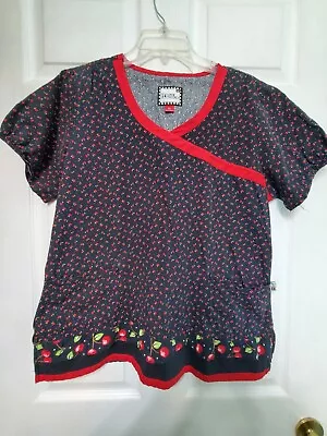 Mary Engelbreit Scrub Top Size M-Black/Red Cherries-Chest 22.5 /L26.5  • $10