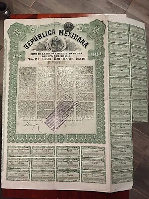 Mexico 1910 Republica Mexicana $ 195 Pound 20 GOLD Loan Stock Certificate Bond • $95