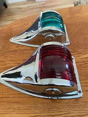 2 Vintage Marine Boat Navigation Light Covers Mid Century Shape Green Red Chrome • $69.99