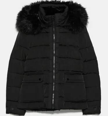 ZARA Woman Faux Fur Lined Removable Hoodie Puffer Black Jacket Size XS • $29.99