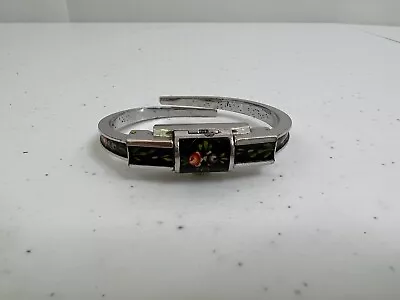 Jean Perret Geneve Enameled Watch Bracelet Black Floral Silver Tone Cuff Vintage • $124.99