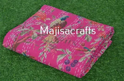 £39.99 • Buy Vintage Handmade Pink Bird Kantha Quilt Bedspread Indian Cotton Blanket Throw 