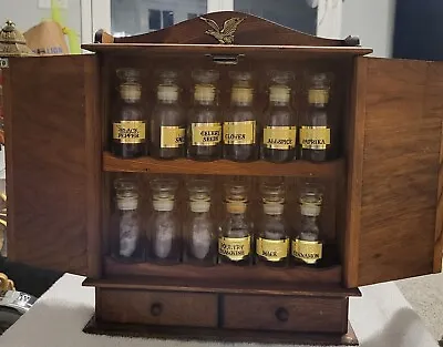 Vintage Shuttered Wood  Brass Eagle Spice Rack + 12 Bottles And Xtra Labels 70's • $32