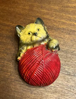 Vintage Plaster Chalkware Cat With Red Ball Of Yarn String Wall Hanging EX SHAPE • $15