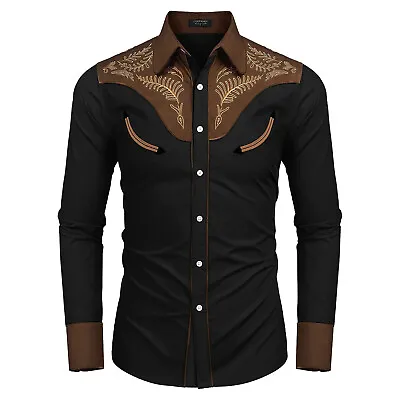 Men's Cowboy Shirt Casual Long Sleeve Western Retro Fitted Cotton Blend T Shirts • $23.65