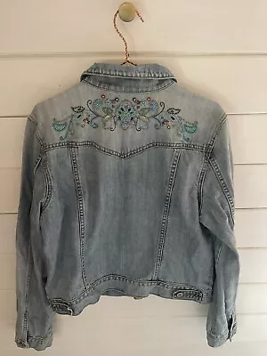 Old Navy Light Wash Denim Jean Jacket Women’s Sz XL Beading Embroidered Boho • $24.95