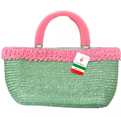 M & G Bertini Italy Handbag Green Woven Straw Purse Pink Lucite Handle Beach • $22.49