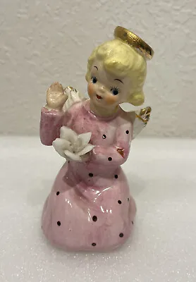 Vintage Ucagco Angel With Flower Figurine - Gold Halo- Pink Polka Dot Dress • $19.99