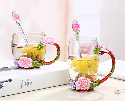 Peony Flower Handle Water Cup Coffee Mug Crystal Enamel Glass Cup Tea Cup Gift • $37.54