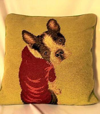 $32 • Buy Vintage NEEDLEPOINT BOSTON TERRIER DOG PILLOW~Frenchie*French Bulldog