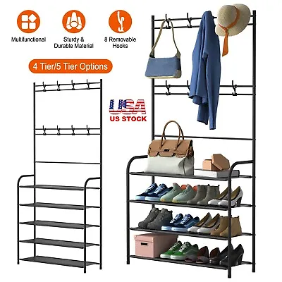 $24.94 • Buy Entryway 5-Tier Coat Hat Shoes Rack Hall Tree Shoe Shelf Organizer Storage Bench