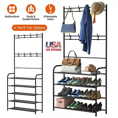 $24.94 • Buy Entryway 5-Tier Coat Hat Shoes Rack Hall Tree Shoe Shelf Organizer Storage Bench