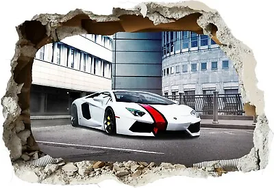 Super Sports Car Racing White 3d Smashed Wall View Sticker Poster Decal Z534 • £23.99