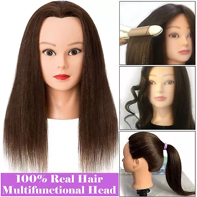 Training Head 100% Real Hair Practice Hairdressing Styling Mannequin Doll Brown • £49.74