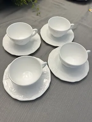 Vintage Style Milk Glass Set Of 4 Tea Cups And Matching Saucers Grape Leaf Mint • $17