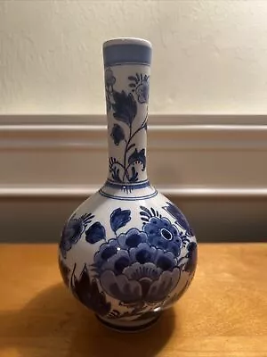 VTG DELFT 6.5” Tall Vase Blue Floral Design Marked 1250-EOL-CV • $26