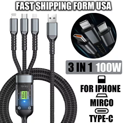 3 In 1 Fast Charging Cable Cell Phone Charger Cord Type-C Micro USB 5A 120W SYNC • $4.59
