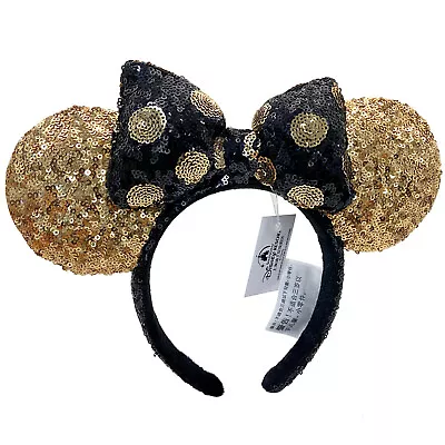 Disney Parks Black Gold Polka Dot Bow Minnie Mouse Gold Sequins Ears Headband • $14.95