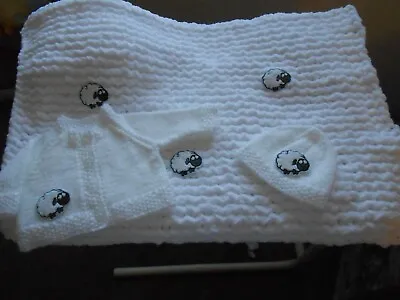 Handknitted White * Sheep* Blanket.cardigan Set..newborn Baby/reborn19-20   New • £18.50