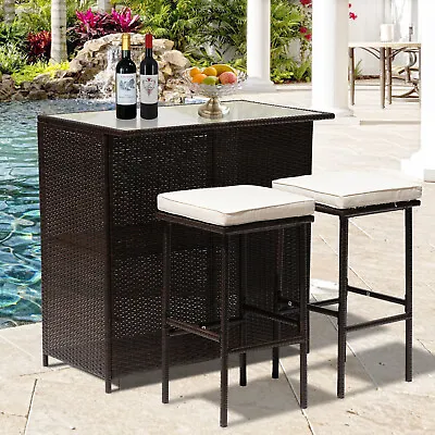 3-Piece Patio Furniture Bar Set Outdoor Wicker Rattan Bar Table Set W/2 Stools • $147.99