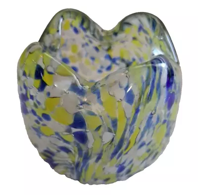 VTG Swirled Decor Art Glass Hand Blown Vase MCM Unsigned Yellow White Blue 3.5 H • $29.95