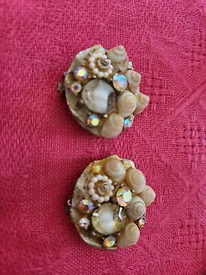 Sea Shell Earrings Rhinestones Clip Ons Vintage Jay B Siegel ART Silvertone Rare • £43.74