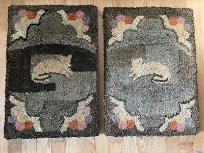 $350 • Buy Antique Hooked Rug Pair Of Cats