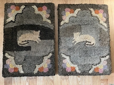$350 • Buy Antique Hooked Rug Pair Of Cats