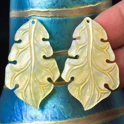 Golden Mother-of-Pearl Shell Carving Oak Tree Leaf Earring Pair Handmade 5.64 G • $24