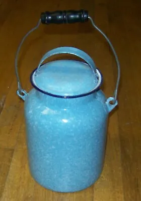 Vintage Blue Enamelware Milk - Cream Pail With Lid & Wooden/Metal  Pail Handle • $85