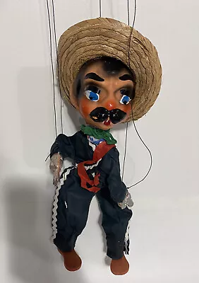 Vintage Mexican Marionette Puppet W Strings Gun Slinger 16” Sombrero Fold Art • $19.95