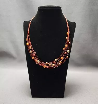 Honora Freshwater Pearl Multi-Strand Red Orange Wire Floating Illusion Necklace • $22.50