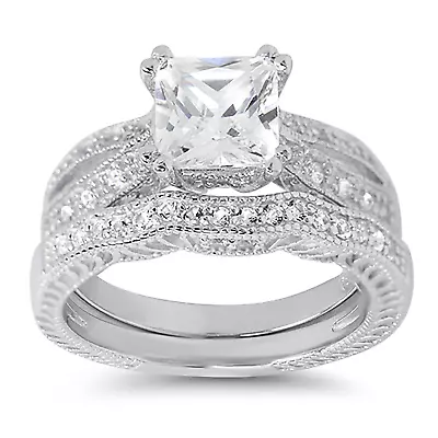 Princess Cut Sterling Silver Vintage CZ Wedding Engagement Ring Set For Women • $49.99