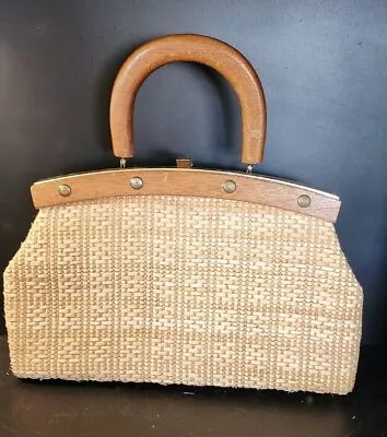 Vintage Straw Italian Handbag Wooden SingleHandle Brass Detail Clip Closure READ • $32