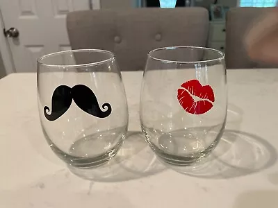 Set Of 2 Stemless Wine Glasses Wedding Gift Couple Gift Kiss And Mustache • $18