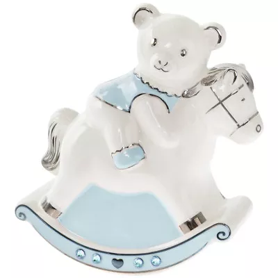 Baby New Born Or Christening Gift Blue White Ceramic Rocking Horse Money Box • £6.99