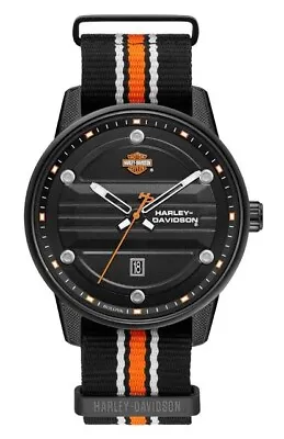 Harley-Davidson Men's Black Dial B&S Logo Watch W/ Striped Strap 78B153 • $270