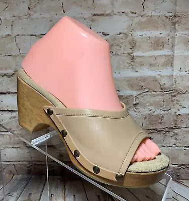 Vintage Candies Leather Sandal Heels Slides 6 M Wooden Leather Sexy Tan Studs • $35.99