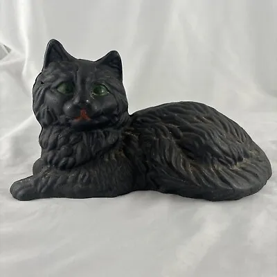 Vintage Hubley Style Cast Iron Lounging Persian Black Cat Doorstop Green Eyes • $45