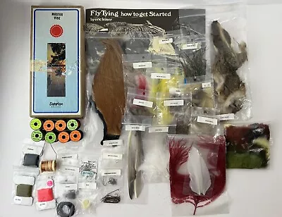 LOT Of Fly Tying Kit Materials Tools Vice Feathers Hackles Fur Hooks Thread Book • $54.99