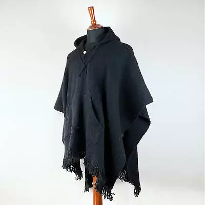 Llama Wool Black Mens Unisex Lady Jedi Poncho Cape Jacket With Pocket Otavalo • $79.95