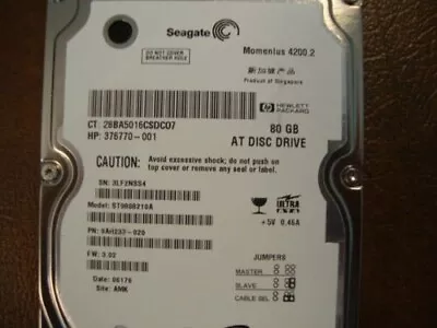 **For Parts Only** Seagate ST9808210A 9AH233-020 FW:3.02 80gb IDE 2.5  HDD • $18.81