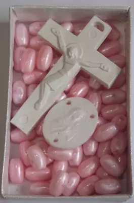 Vtg Lot Plastic Rosary Making Craft Parts Pink Beads White Crucifix Centerpiece • $2