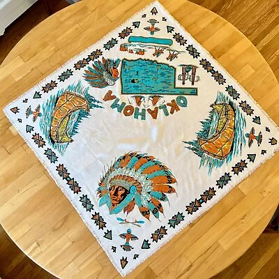 Vintage Rayon Souvenir Scarf OKLAHOMA Map Cultural Turquoise/Brn/Orange On White • $28