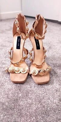 £25 • Buy Missguided Premium Range Peace + Love Size 4 Gold Coin Sandals Heels Shoes Cream