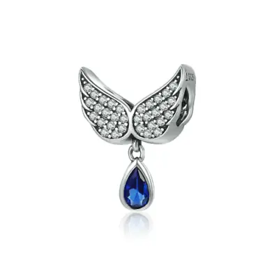 $27.99 • Buy SOLID Sterling Silver Blue CZ Teardrop Angel Wings Charm By Unique Designs